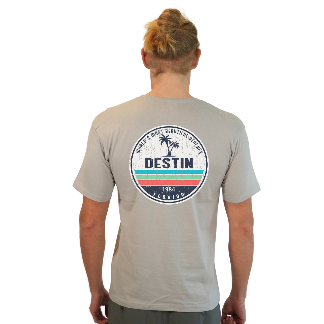 Destin Florida Combed Cotton Men T-Shirt with a Front Pocket Design and back big circle 2 Palm Trees 1915 Design Style CC1000