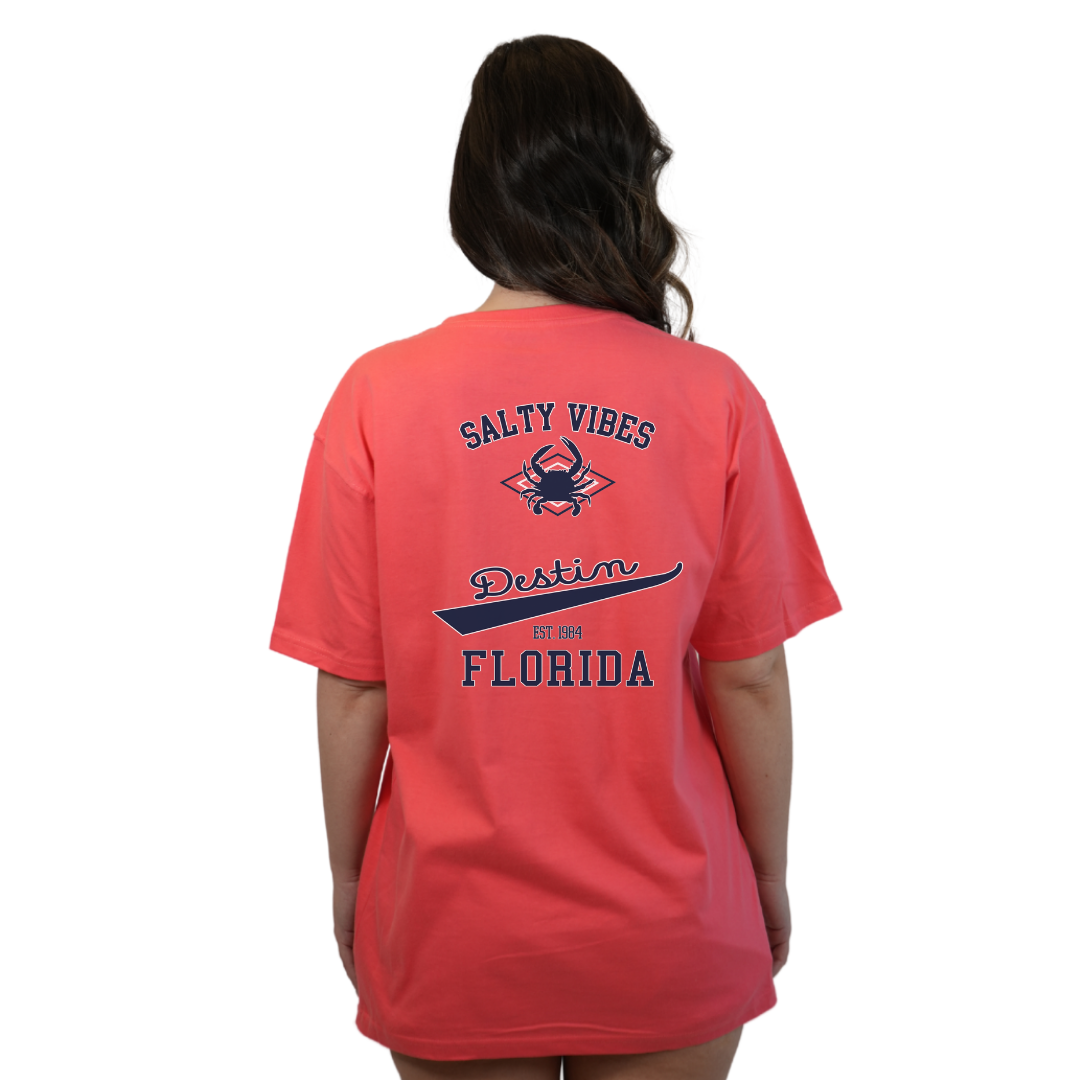 Destin Florida Combed Cotton Women T-Shirt with a Front Pocket Design and back "Salty Vibes Crab" Design Style CC1000