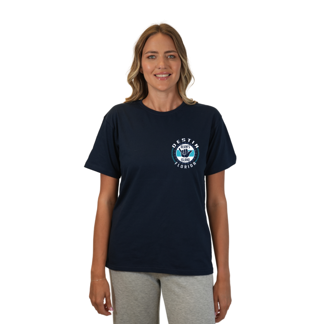 Destin Combed Cotton Women T-Shirt with a Alvin's island Hang Loose Design Style CC1000 T-SHIRT alvinsisland.com Navy S