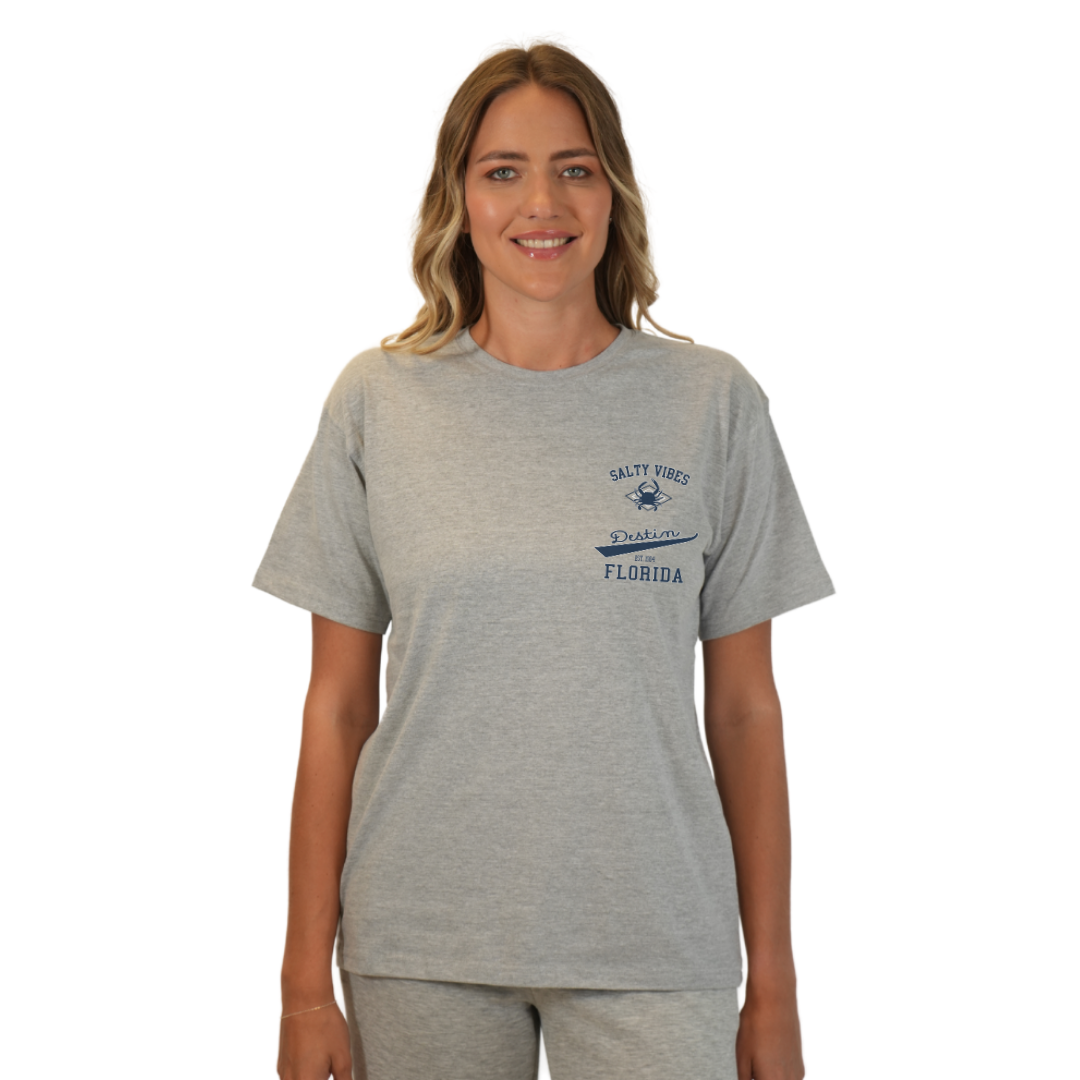 Destin Florida Combed Cotton Women T-Shirt with a Front Pocket Design and back "Salty Vibes Crab" Design Style CC1000