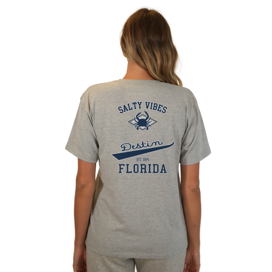 Destin Florida Combed Cotton Women T-Shirt with a Front Pocket Design and back "Salty Vibes Crab" Design Style CC1000
