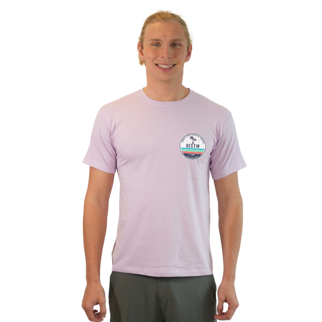 Destin Florida Combed Cotton Men T-Shirt with a Front Pocket Design and back big circle 2 Palm Trees 1915 Design Style CC1000