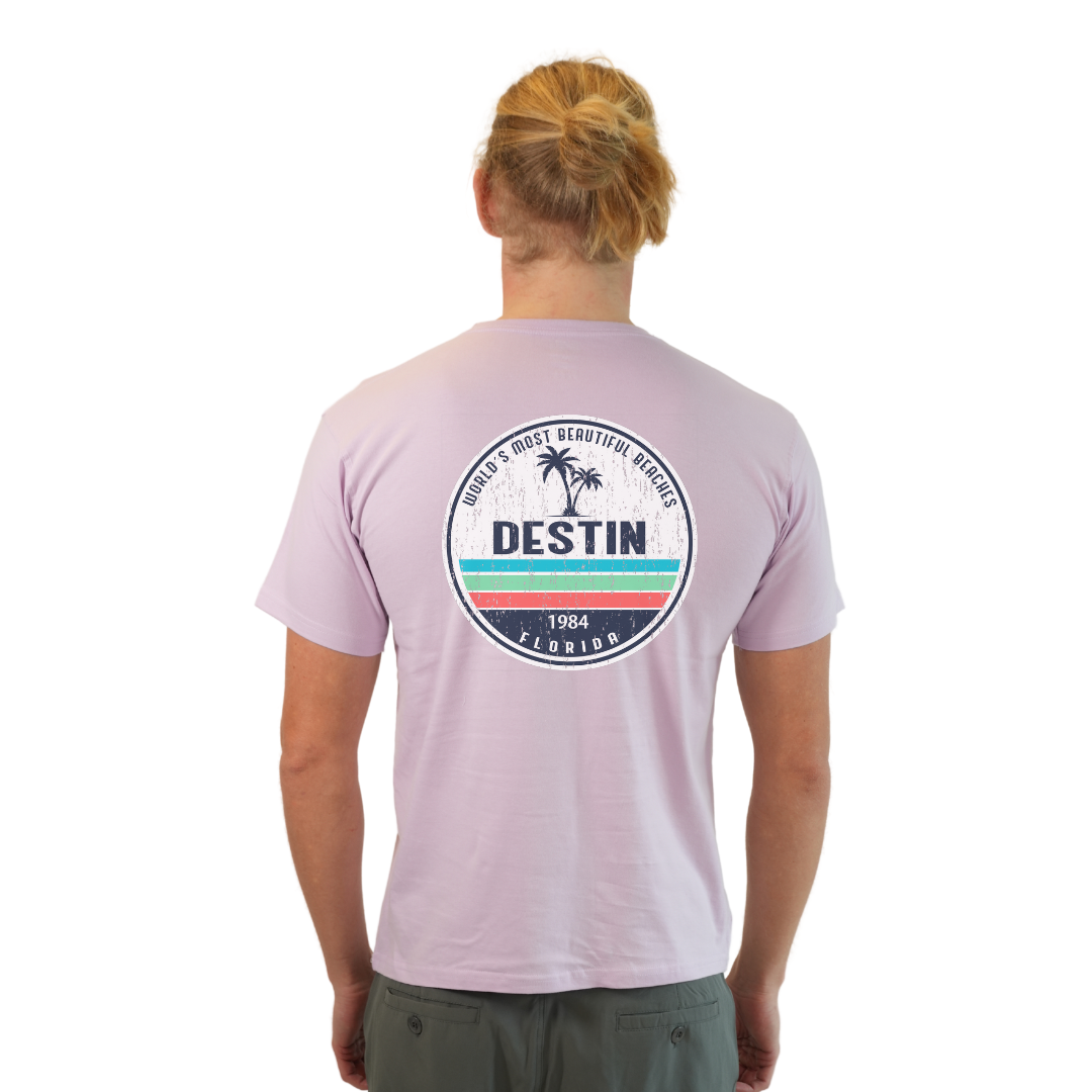 Destin Florida Combed Cotton Men T-Shirt with a Front Pocket Design and back big circle 2 Palm Trees 1915 Design Style CC1000