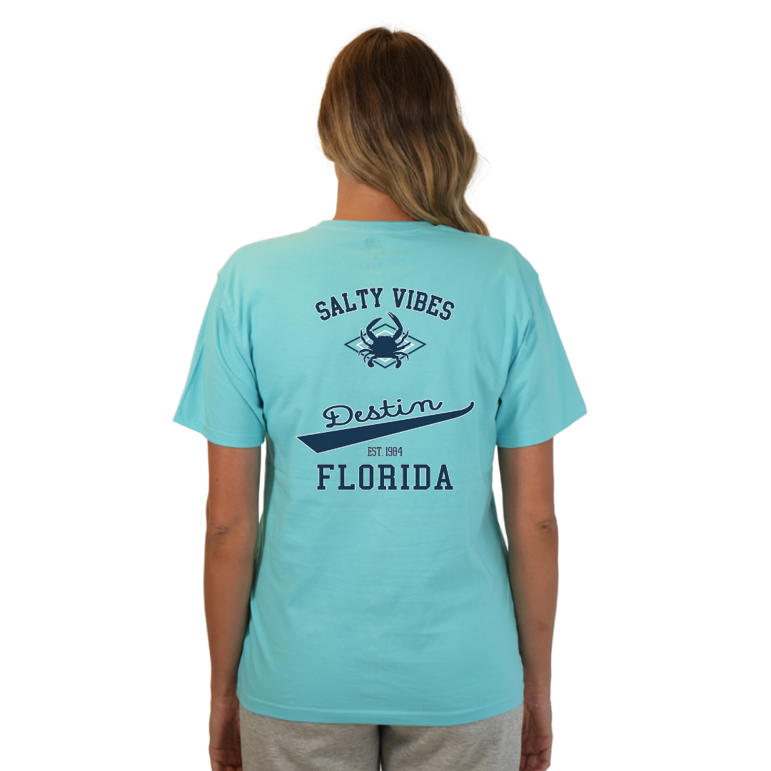 Destin Florida Combed Cotton Women T-Shirt with a Front Pocket Design and back "Salty Vibes Crab" Design Style CC1000