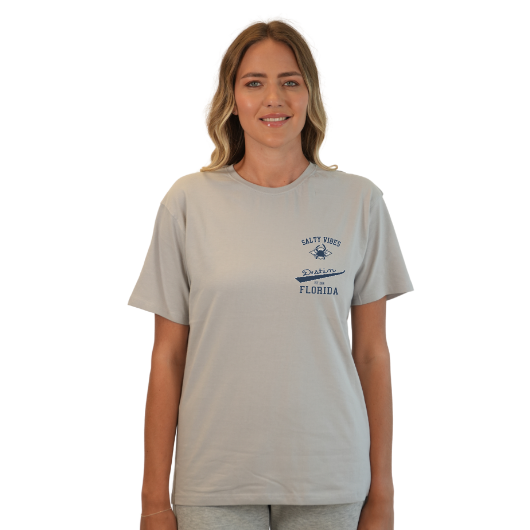 Destin Florida Combed Cotton Women T-Shirt with a Front Pocket Design and back "Salty Vibes Crab" Design Style CC1000
