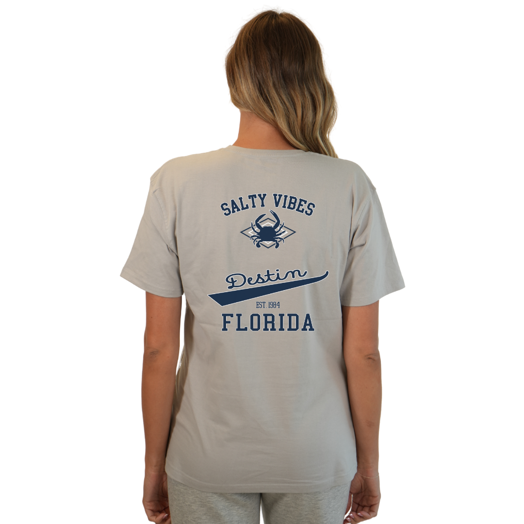 Destin Florida Combed Cotton Women T-Shirt with a Front Pocket Design and back "Salty Vibes Crab" Design Style CC1000