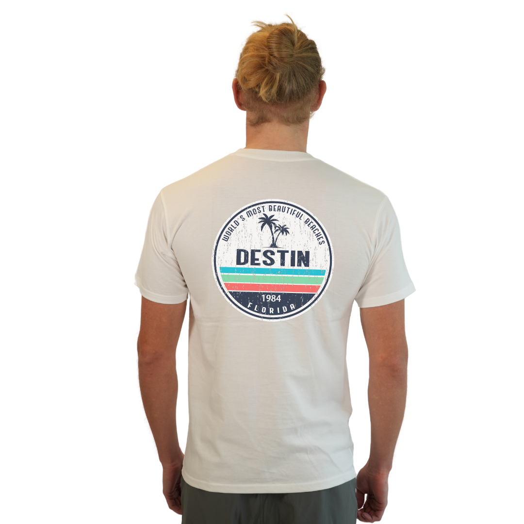 Destin Florida Combed Cotton Men T-Shirt with a Front Pocket Design and back big circle 2 Palm Trees 1915 Design Style CC1000