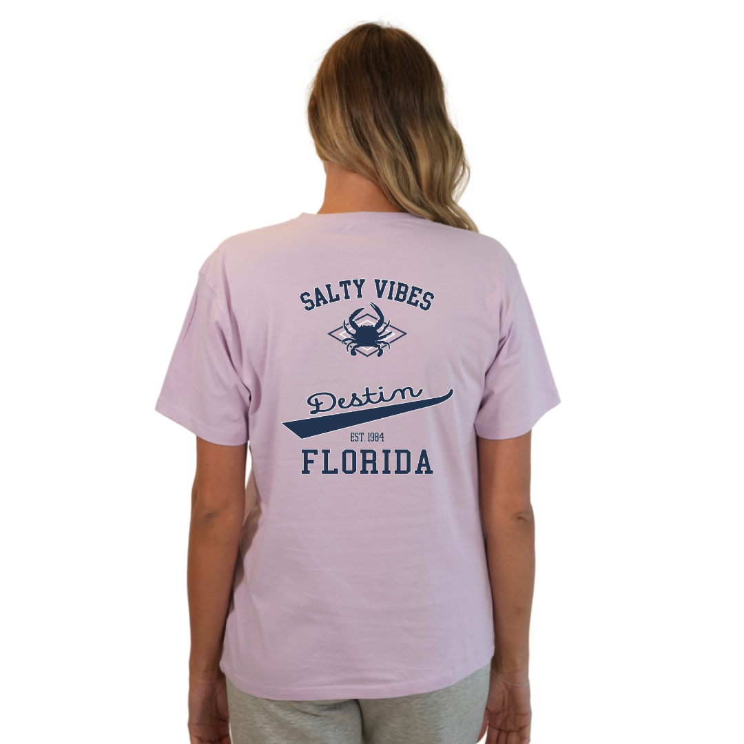 Destin Florida Combed Cotton Women T-Shirt with a Front Pocket Design and back "Salty Vibes Crab" Design Style CC1000