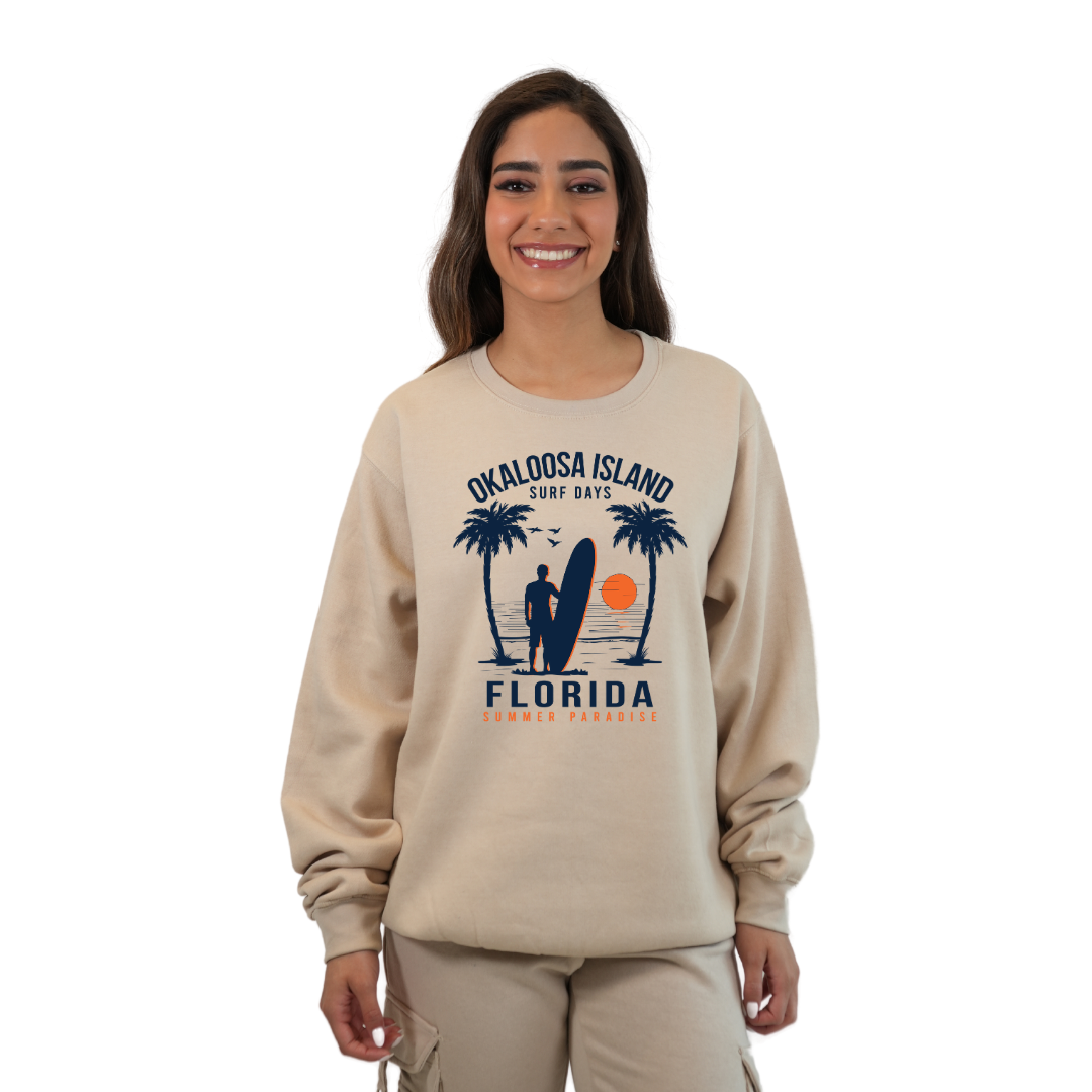 Okaloosa Island Fleece Crewneck Sweatshirt Women with Summer Paradaise Design Style 067 SWEATSHIRT alvinsisland.com Oyster S