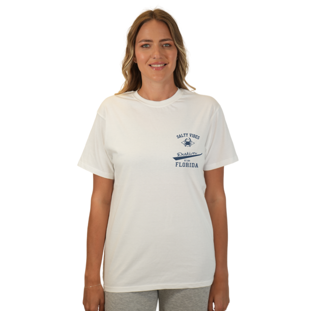Destin Florida Combed Cotton Women T-Shirt with a Front Pocket Design and back "Salty Vibes Crab" Design Style CC1000