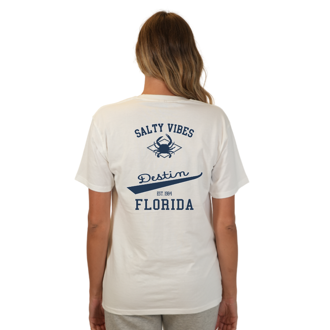 Destin Florida Combed Cotton Women T-Shirt with a Front Pocket Design and back "Salty Vibes Crab" Design Style CC1000