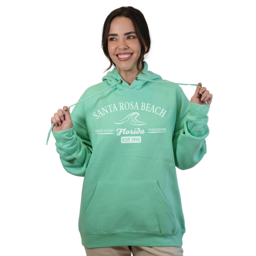 Santa Rosa Beach Pullover Hoodie Women with Big Front Florida Gulf Coast Paradise with Wave Icon Design Style 252