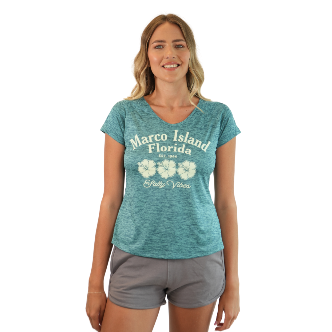 Marco Island Salty Vibes Ladies Short Sleeve V-Neck Dry Fit 30upf Sun Protection Style 15450