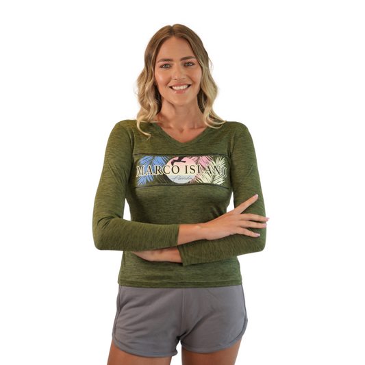 Marco Island Seagull Sunset Ladies Long Sleeve V Neck Dry Fit 30upf Sun Protection Style 15750