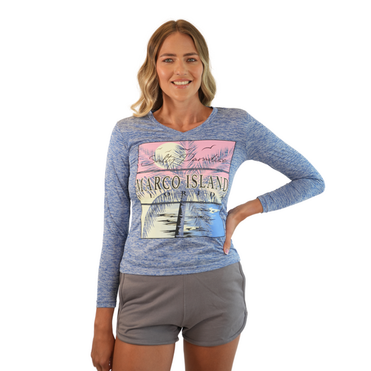 Marco Island Salty Paradise Ladies Long Sleeve V Neck Dry Fit 30upf Sun Protection Style 15750