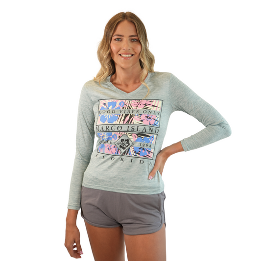 Marco Island Good Vibes Only Ladies Long Sleeve V Neck Dry Fit 30upf Sun Protection Style 15750