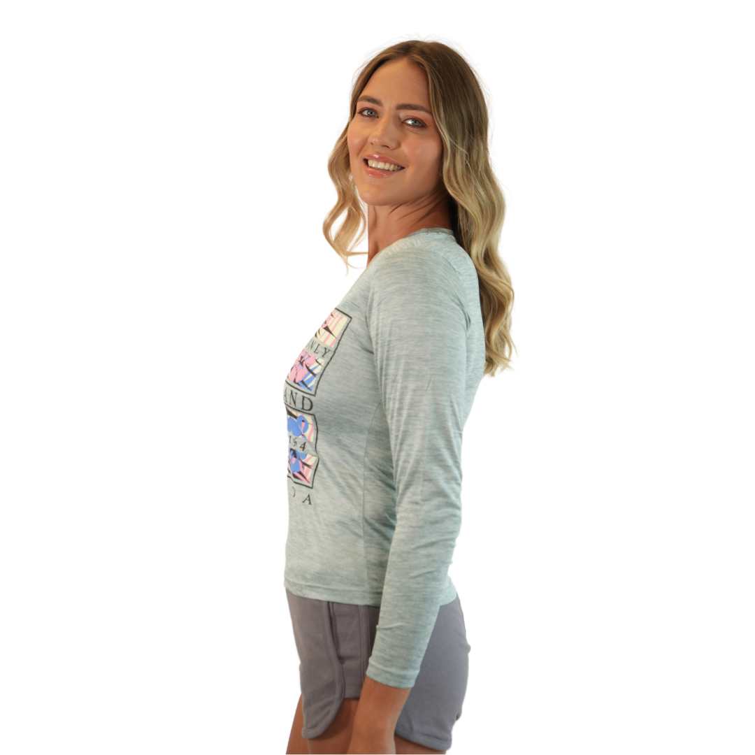 Marco Island Good Vibes Only Ladies Long Sleeve V Neck Dry Fit 30upf Sun Protection Style 15750