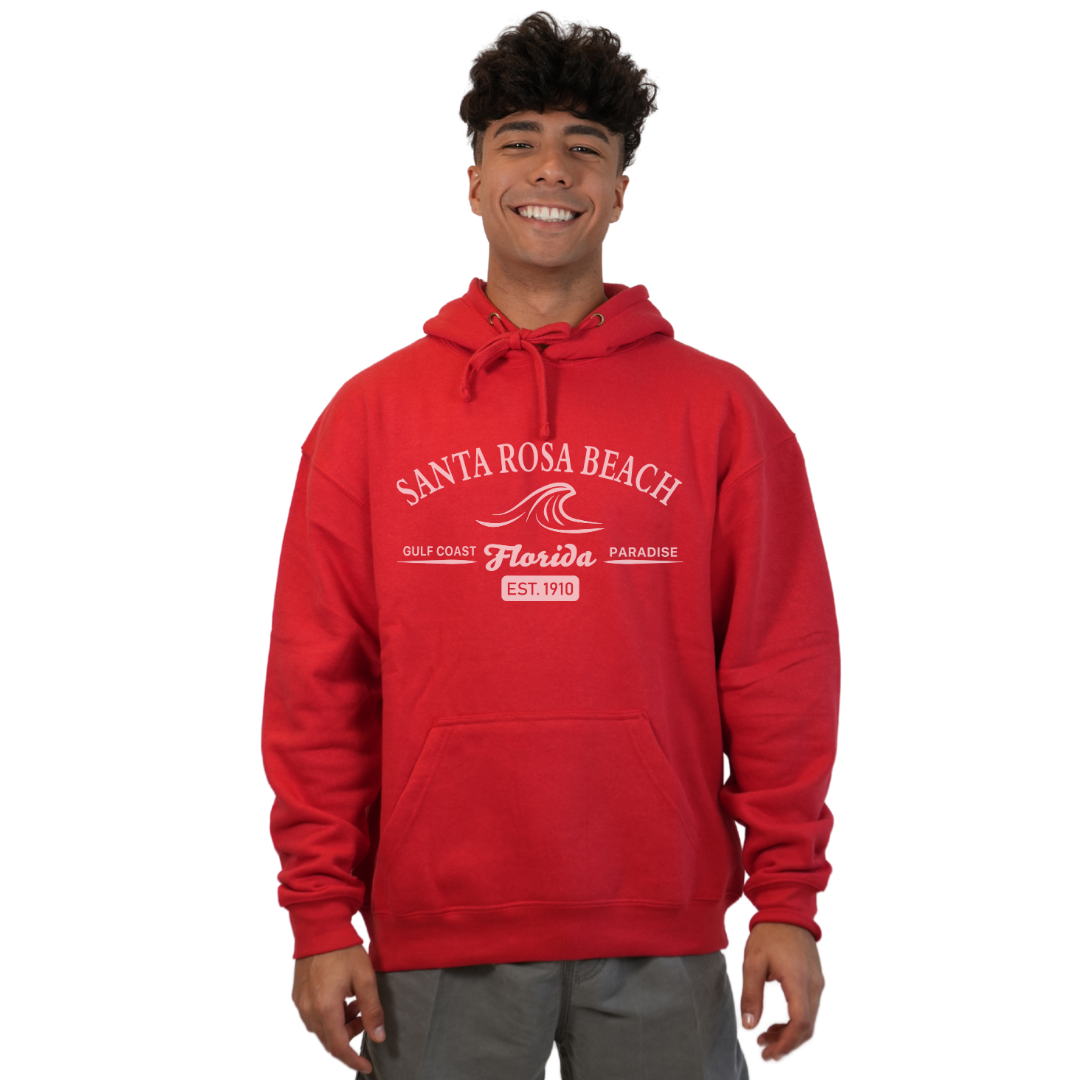 Santa Rosa Beach Pullover Hoodie Men with Big Front Florida Gulf Coast Paradise with Wave Icon Design Style 252