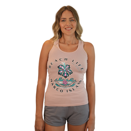 Marco Island Women Racerback Tank with Beach Life and Hibiscus Flower Design Color Mauve Style 349