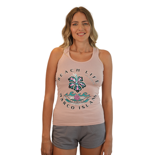 Marco Island Women Racerback Tank with Beach Life and Hibiscus Flower Design Color Mauve Style 349 WOMEN TOP alvinsisland.com SMALL MAUVE