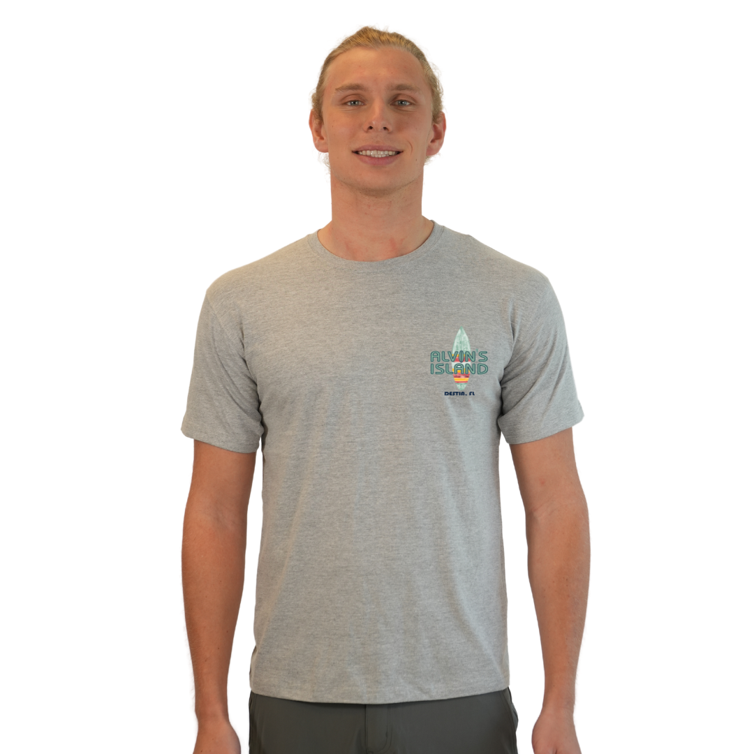 Destin Combed Cotton Men T-Shirt with a Alvin's island Surf Board Design Style CC1000 T-SHIRT alvinsisland.com Hea. grey S