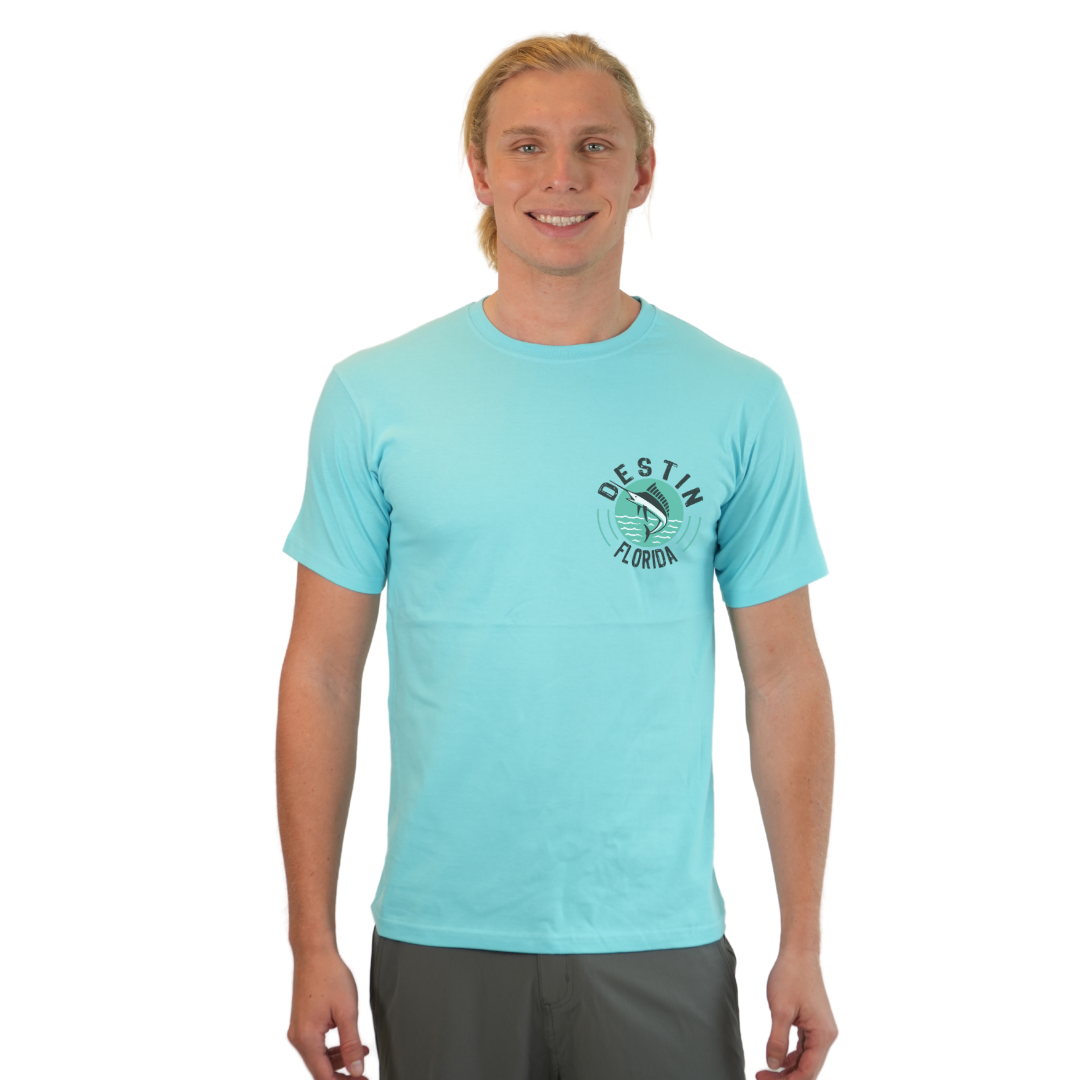 Destin Florida Combed Cotton Men T-Shirt with a Front Pocket Design and back big Marlin Design Style CC1000