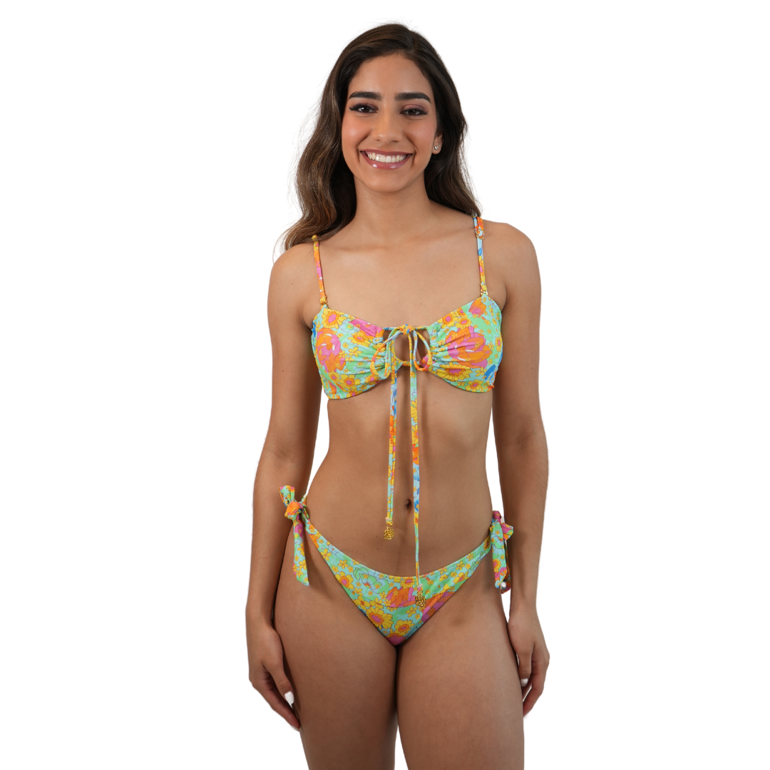 Set of Four Way Bandeau Top and Thick Tie Side Bottom Scrunch Butt Color Daisy Carnival Style 747-2705|747-6580 LADIES SWIMWEAR alvinsisland.com