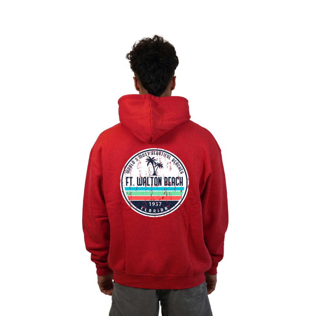 Ft. Walton Beach Pullover Hoodie Men with a a Front Pocket and back big circle 2 Palm Trees 1915 Design Style 252