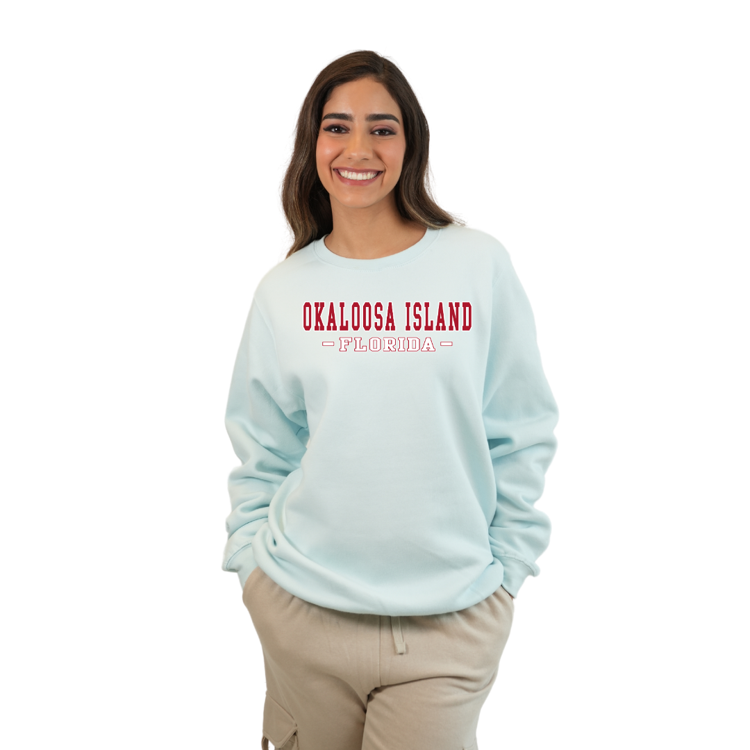 Okaloosa Island Fleece Crewneck Sweatshirt Women with Red City Name Design Style 067 SWEATSHIRT alvinsisland.com Pool day S