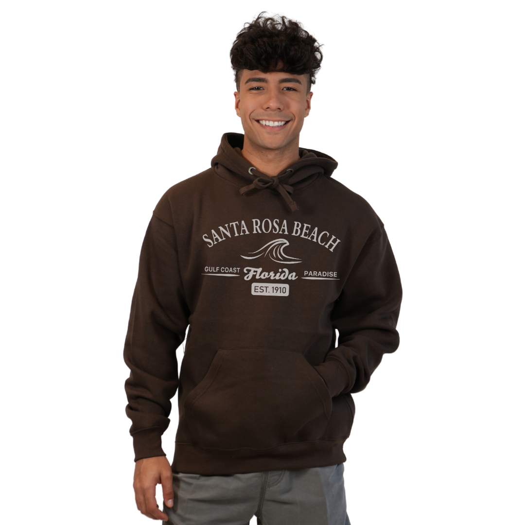 Santa Rosa Beach Pullover Hoodie Men with Big Front Florida Gulf Coast Paradise with Wave Icon Design Style 252
