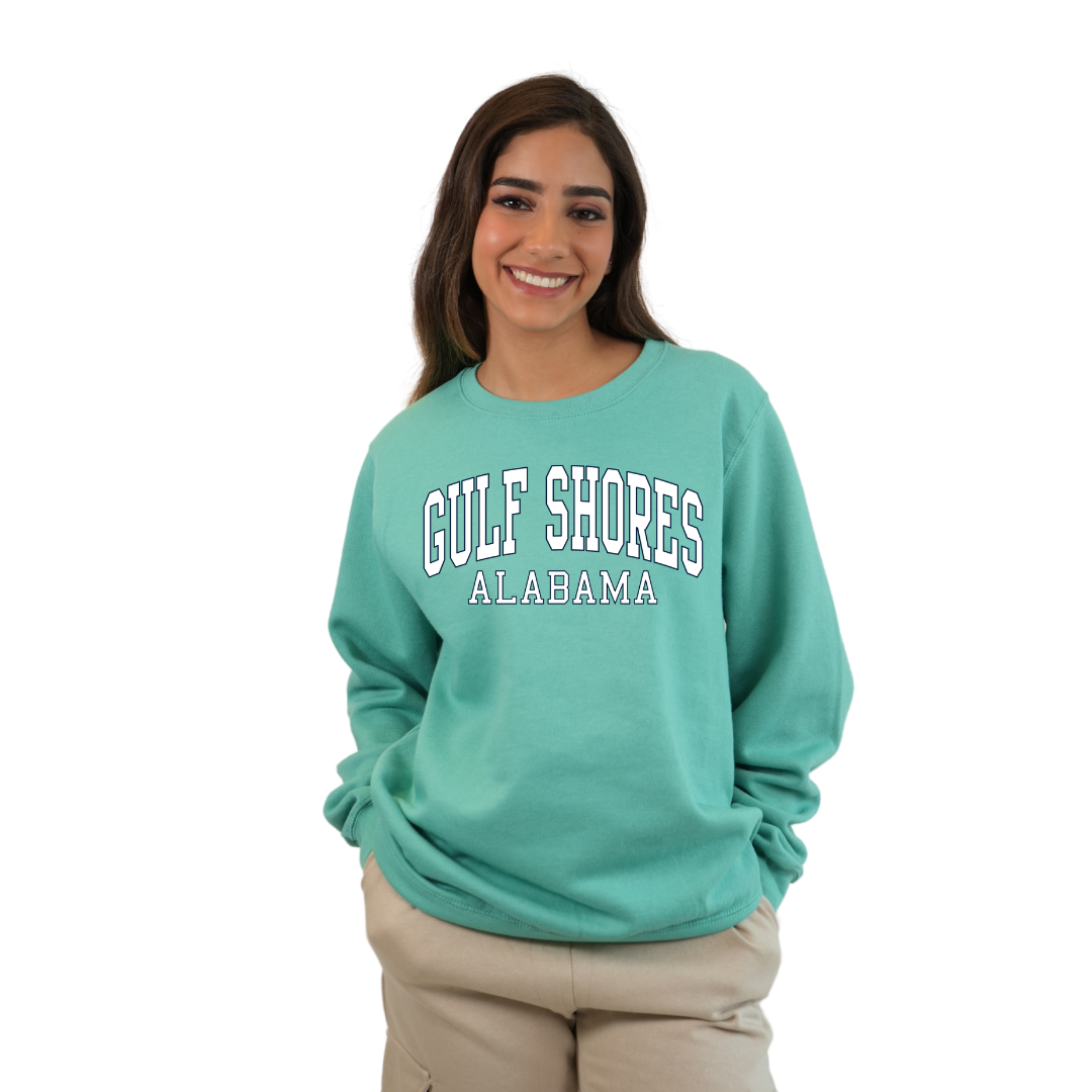 Gulf Shores Alabama Fleece Crewneck Sweatshirt Women with Big Front Letters Design Style 067