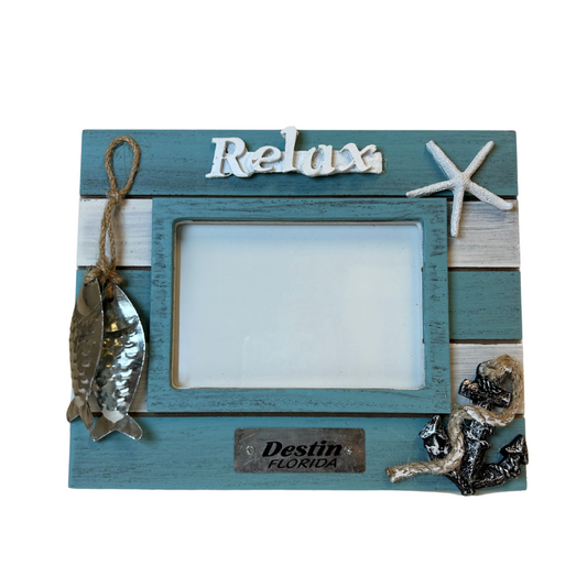 Destin Frame Wood W/ Fish and Starsfish Color Turquoise 3.5"*5" souvenirs alvinsisland.com