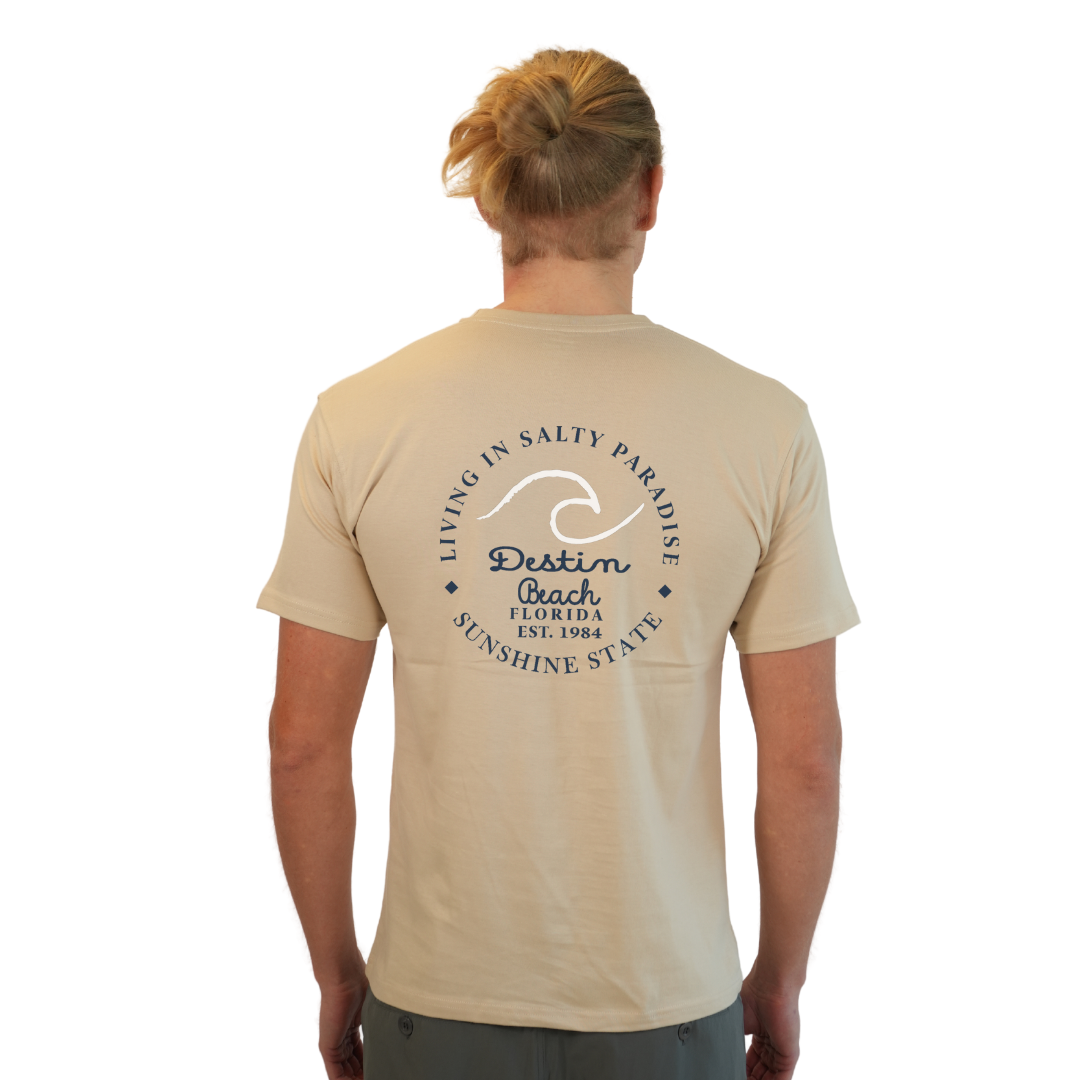 Destin Florida Combed Cotton Men T-Shirt with a Front Pocket Design and back "Living in Salty Paradise" Design Style CC1000