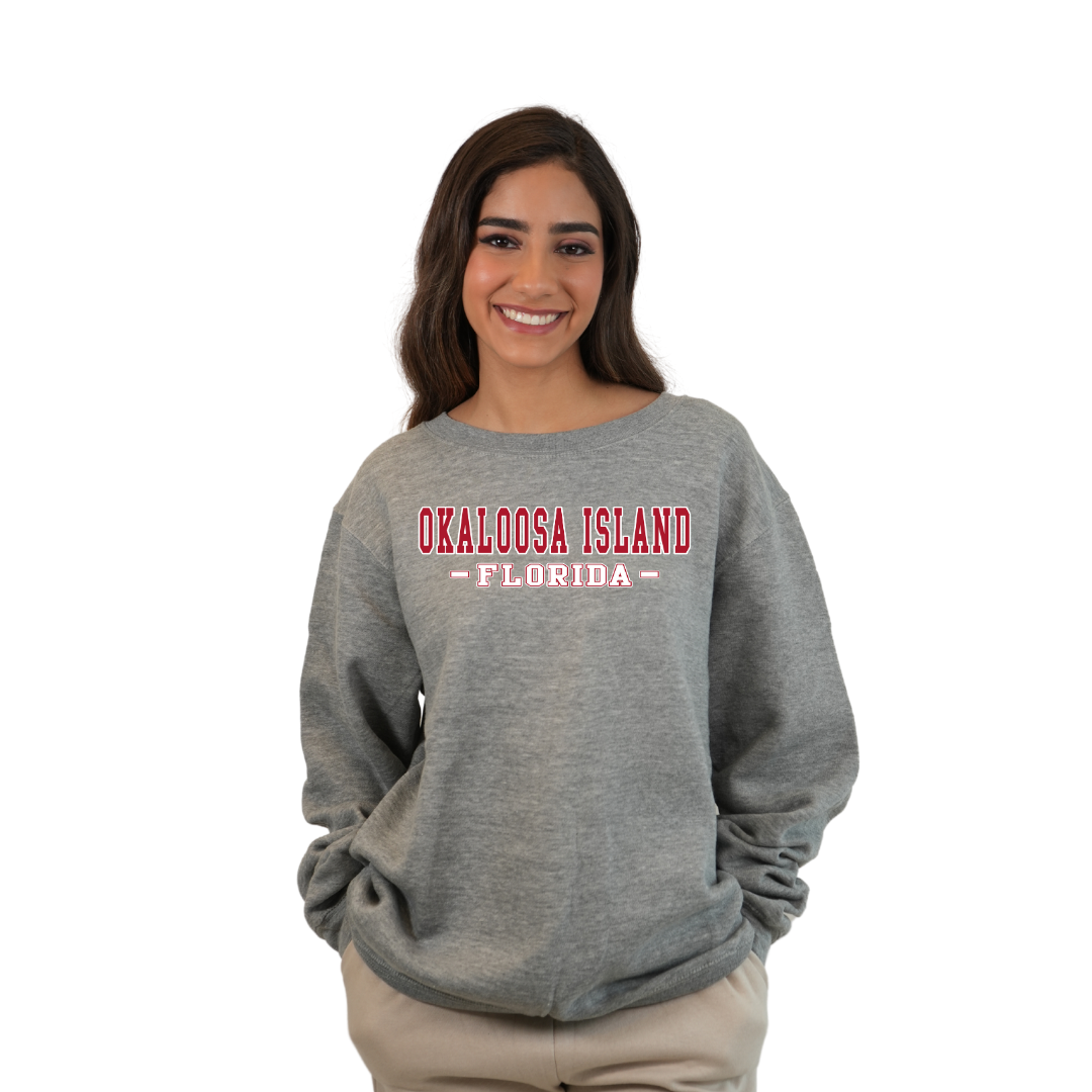 Okaloosa Island Fleece Crewneck Sweatshirt Women with Red City Name Design Style 067 SWEATSHIRT alvinsisland.com Hea. grey S