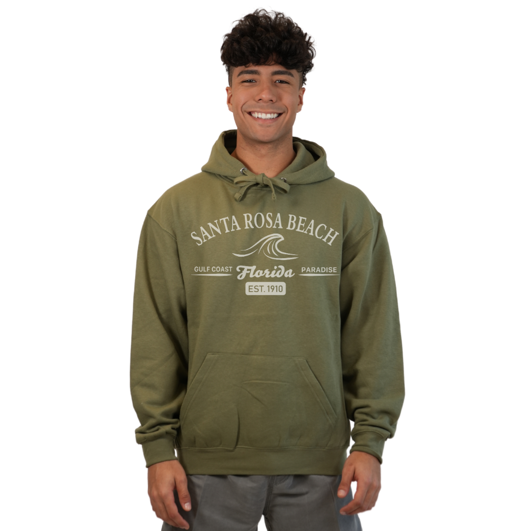 Santa Rosa Beach Pullover Hoodie Men with Big Front Florida Gulf Coast Paradise with Wave Icon Design Style 252