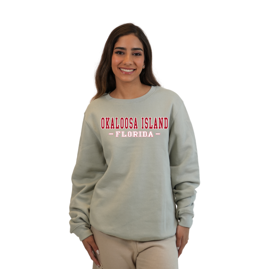 Okaloosa Island Fleece Crewneck Sweatshirt Women with Red City Name Design Style 067 SWEATSHIRT alvinsisland.com Silver S