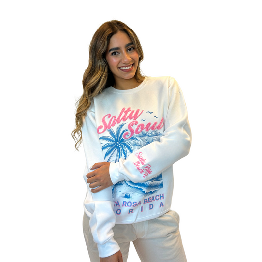 Santa Rosa Beach, Fl Crewneck Women with texture patch on the front and the sleeve Style 067 HOODIES alvinsisland.com White S