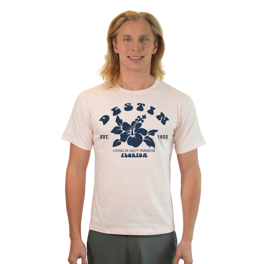 Destin Florida Combed Cotton Men T-Shirt with a Big Front Hibiscus Flower Design Style CC1000