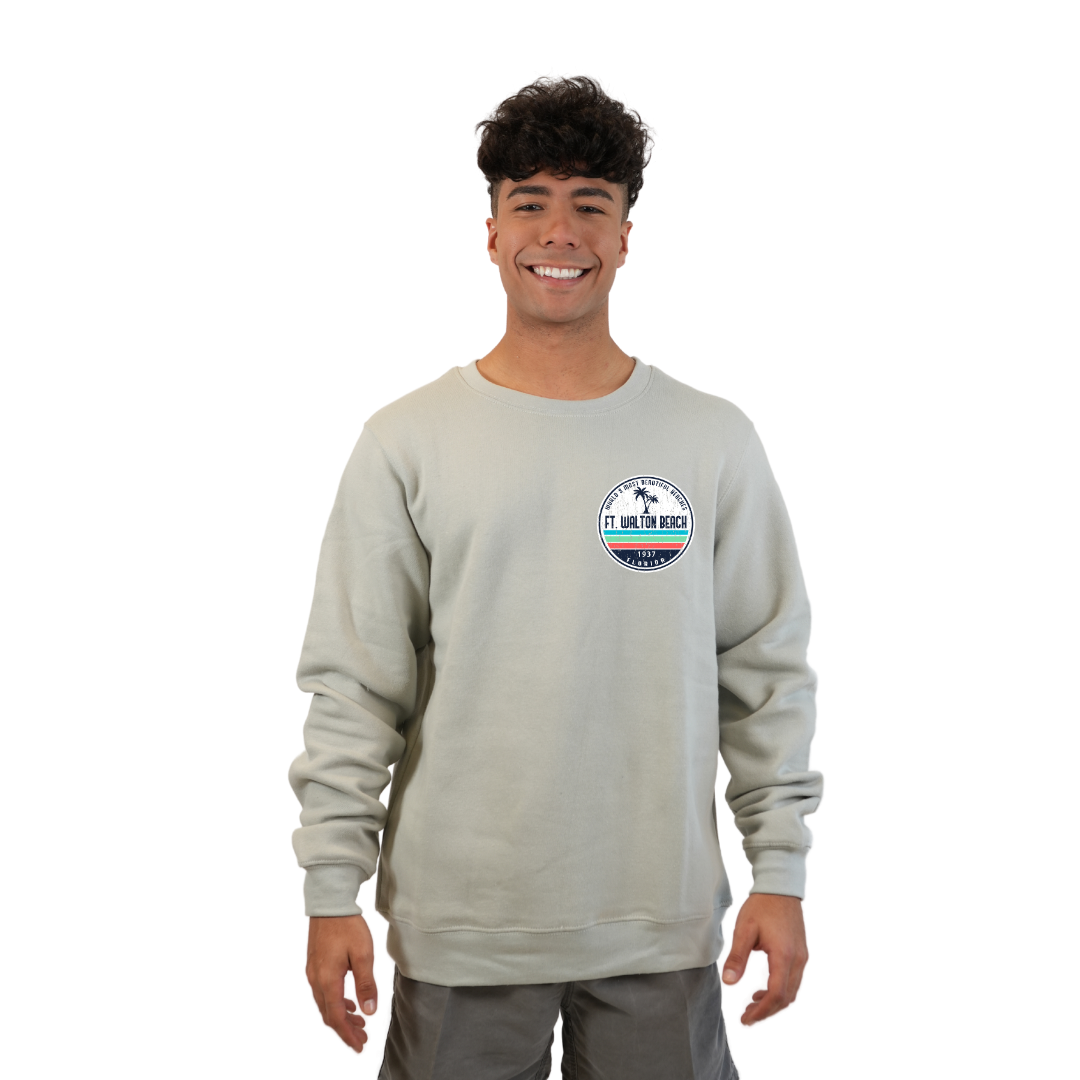 Ft. Walton Beach Fleece Crewneck Sweatshirt Men a Front Pocket and back big circle 2 Palm Trees 1915 Design Style 067