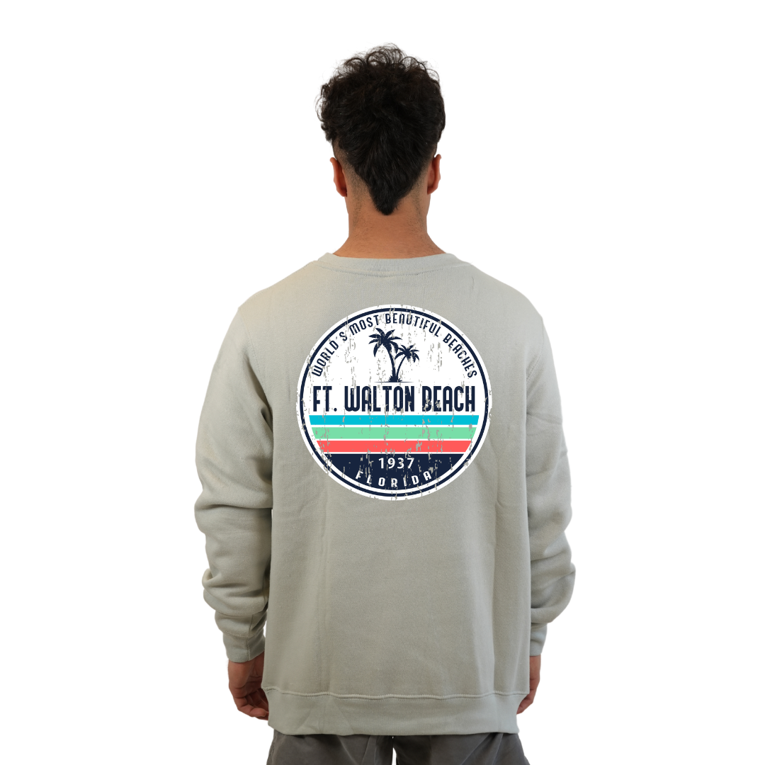 Ft. Walton Beach Fleece Crewneck Sweatshirt Men a Front Pocket and back big circle 2 Palm Trees 1915 Design Style 067