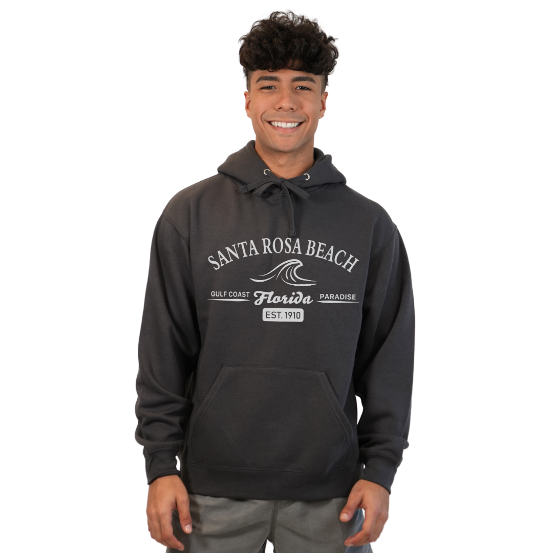 Santa Rosa Beach Pullover Hoodie Men with Big Front Florida Gulf Coast Paradise with Wave Icon Design Style 252