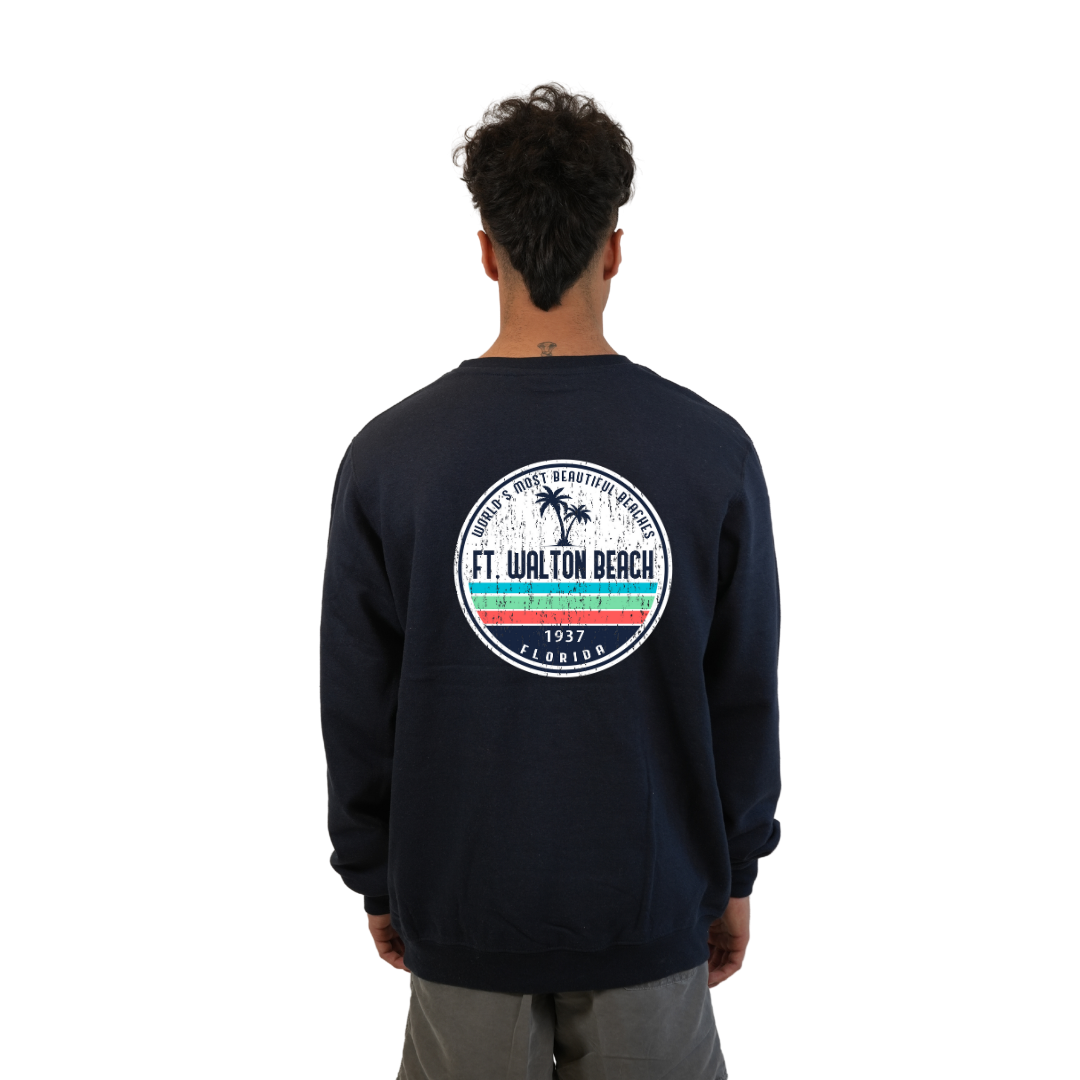 Ft. Walton Beach Fleece Crewneck Sweatshirt Men a Front Pocket and back big circle 2 Palm Trees 1915 Design Style 067