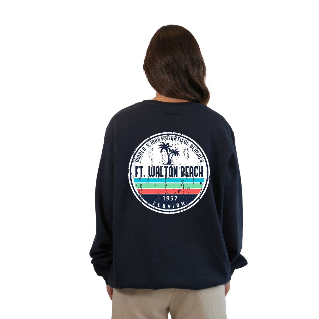 Ft. Walton Beach Fleece Crewneck Sweatshirt Women a Front Pocket and back big circle 2 Palm Trees 1915 Design Style 067 SWEATSHIRT alvinsisland.com