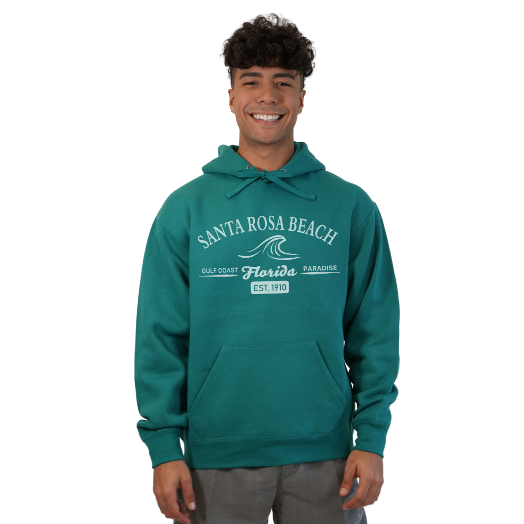 Santa Rosa Beach Pullover Hoodie Men with Big Front Florida Gulf Coast Paradise with Wave Icon Design Style 252