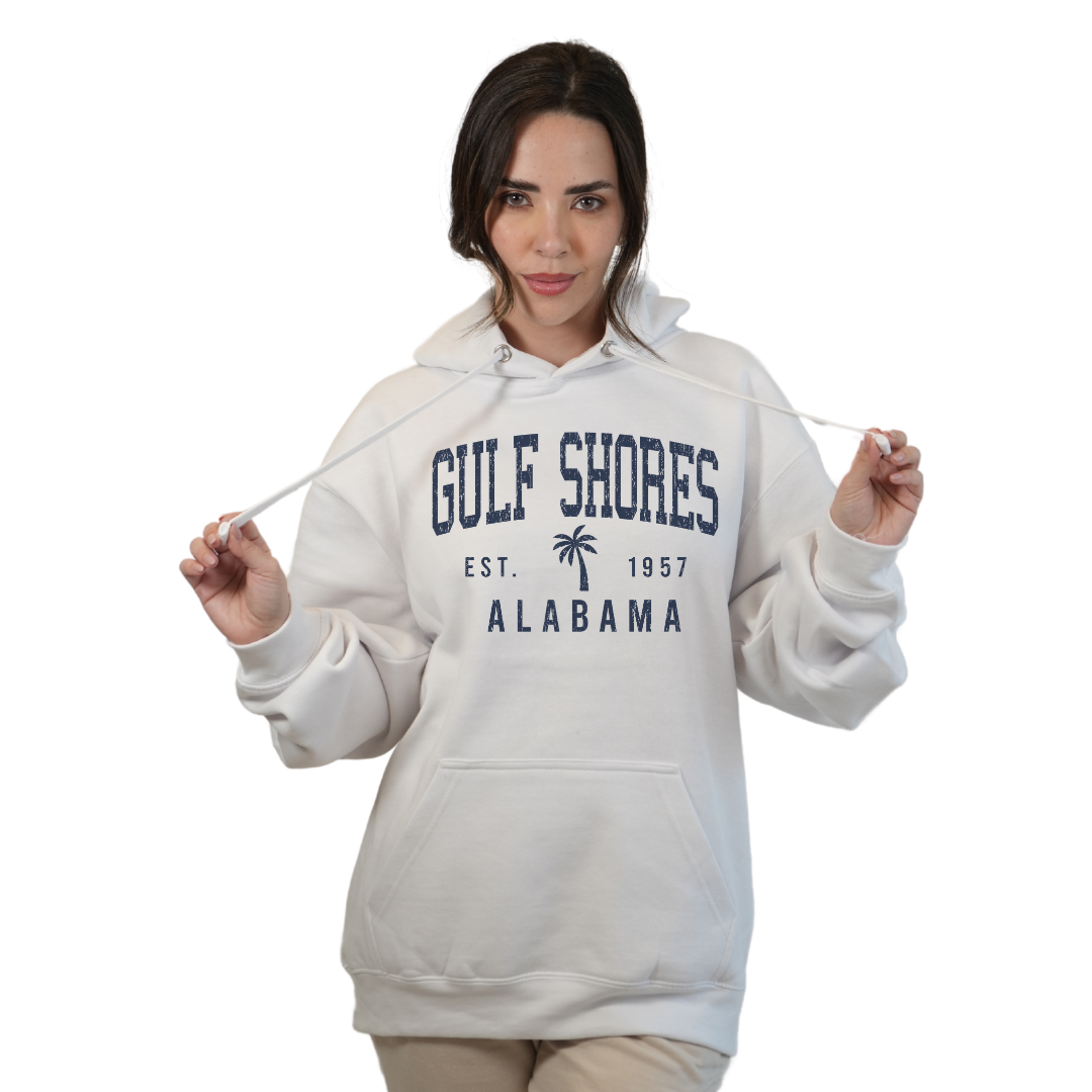 Gulf Shores Alabama Pullover Hoodie Women with Front Big Letters and Palm Tree Est. 1957 Design Style 252 HOODIES alvinsisland.com S WHITE