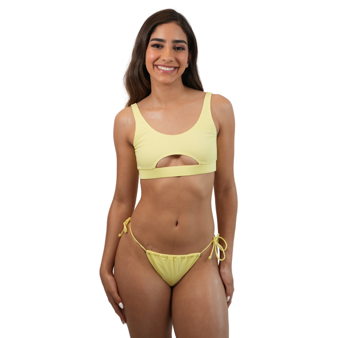Solid Set Scoop Front Bralette Top and Tie Side Slide Bottom color Yellow Style 962-6600|962-1148 LADIES SWIMWEAR alvinsisland.com SMALL YELLOW