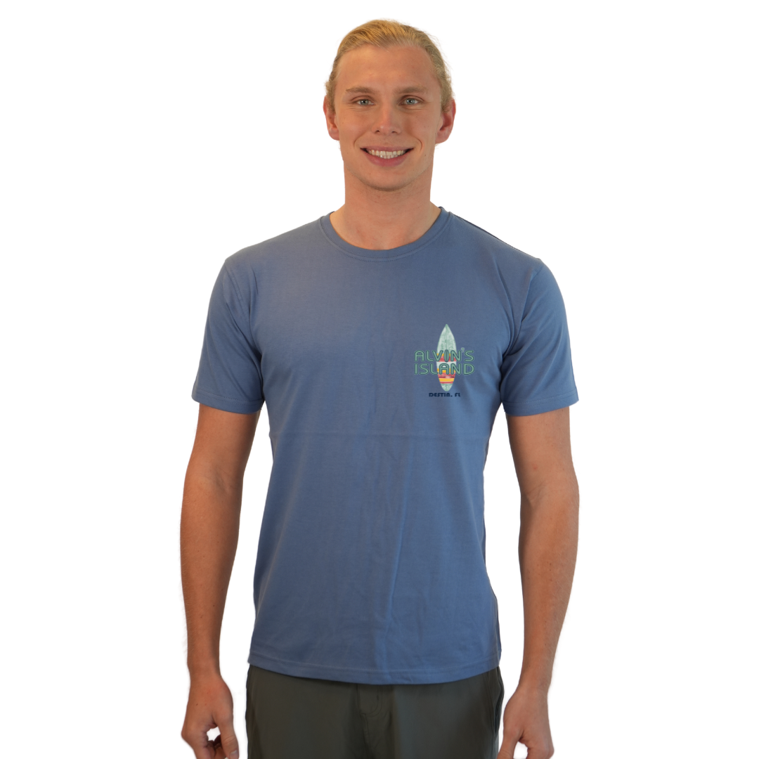 Destin Combed Cotton Men T-Shirt with a Alvin's island Surf Board Design Style CC1000 T-SHIRT alvinsisland.com Denim S