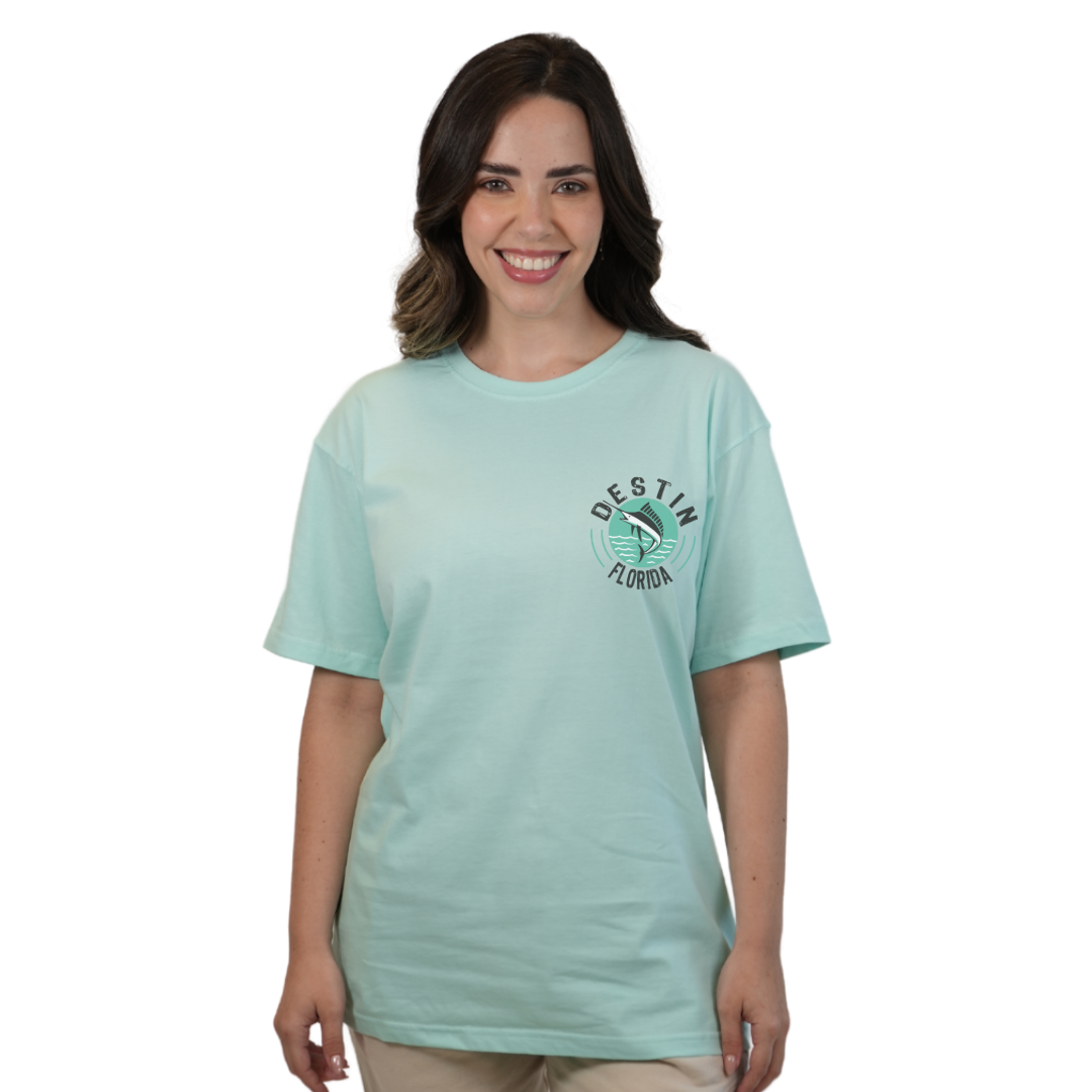 Destin Florida Combed Cotton Women T-Shirt with a Front Pocket Design and back big Marlin Design Style CC1000 T-SHIRT alvinsisland.com SMALL SEAFOAM