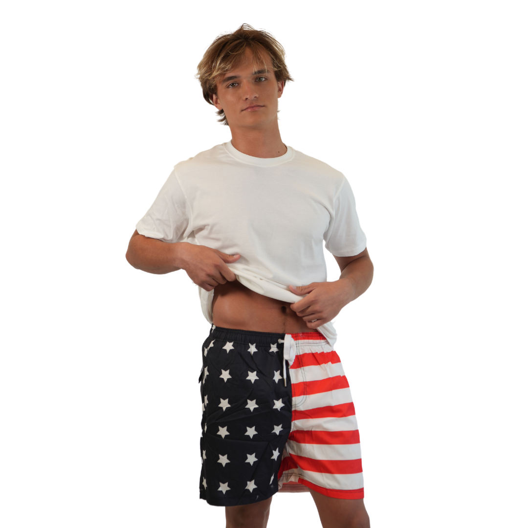 Mens Swim Trunks United States Flag Style Sm-004 SHORT alvinsisland.com SMALL UNITED STATES FLAG / RED/ NAVY