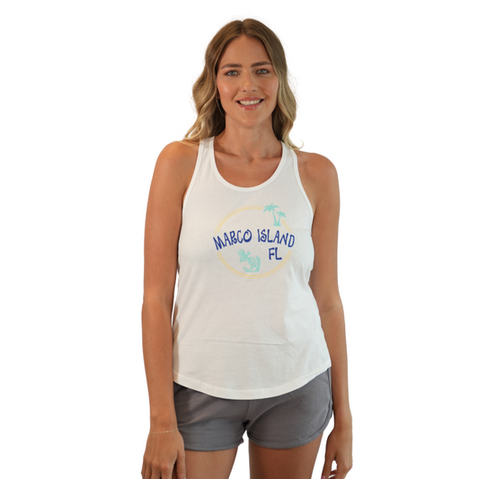 Marco Island Women Cross Racerback Tank with Circle Palm Tree and Anchor Design Colors White and Black Style 196